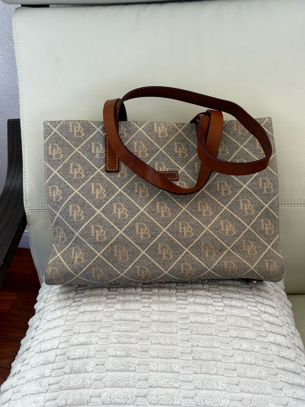 Vintage Dooney & Bourke Tan Logo Tote with Brown Leather Straps